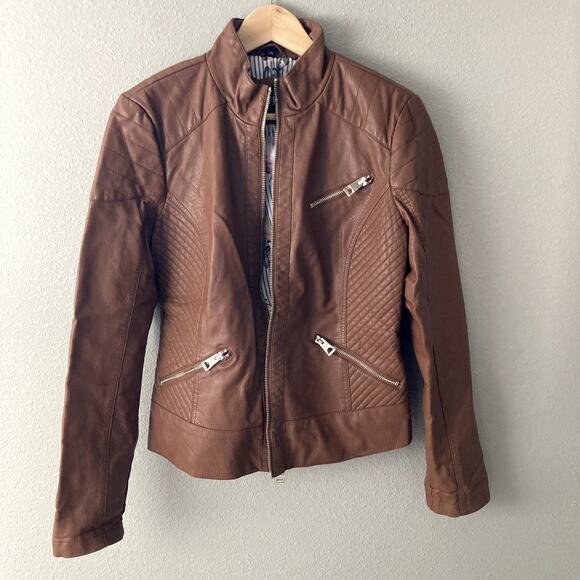 Guess Faux Leather Quilted Moto Jacket - Brown - Large - Picture 2 of 7